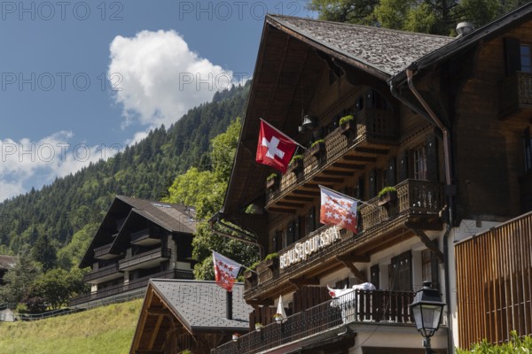 Chalets with a Swiss flag are pictured in Champery, a village in the mountains by the French border