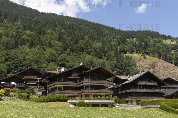 Chalets are pictured in Champery, a village in the mountains by the French border in Switzerland