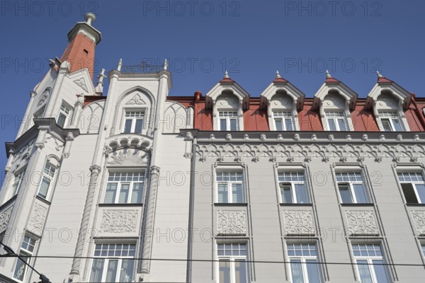 Detail, façade, art nouveau residential building, art nouveau quarter, Terbatas iela 33, old town,