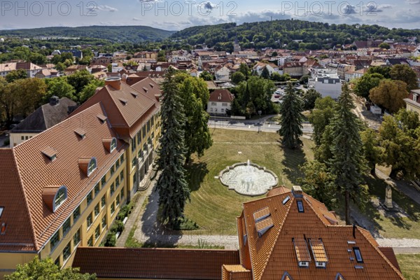 Aerial view of a city with historic buildings and green surroundings, The old town of Arnstadt in