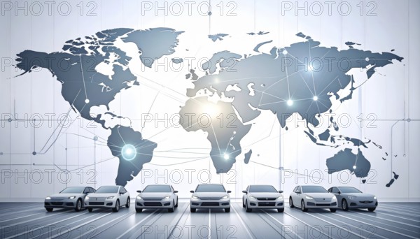 Abstract visualization of global rare earth supply network feeding EV industry, world map design,