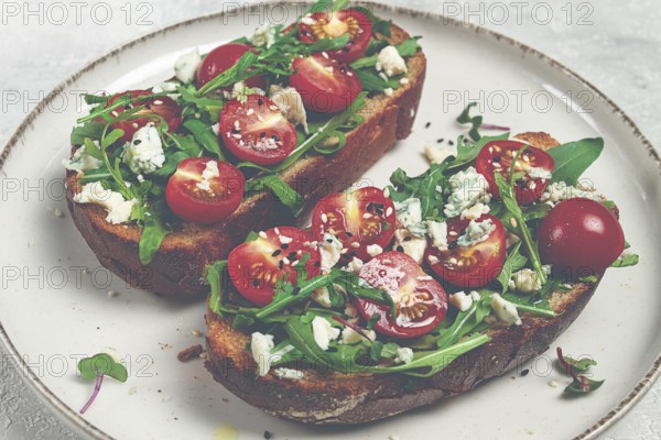 Arugula sandwiches and cherry tomatoes, cheese with mold, breakfast, snack, homemade