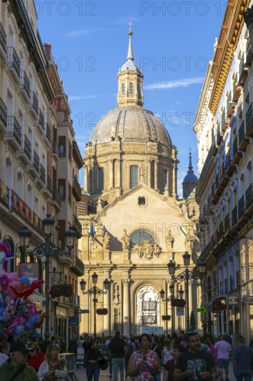 View of Basilica of Our Lady of the Pillar cathedral church from Calle de Alfonso I, Zaragoza,