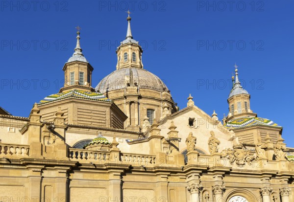 Towers and domes on roof of Basilica of Our Lady of the Pillar cathedral church, Zaragoza, Aragon,