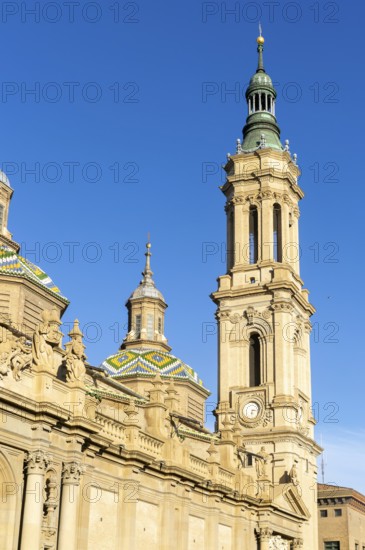 Towers and domes on roof of Basilica of Our Lady of the Pillar cathedral church, Zaragoza, Aragon,