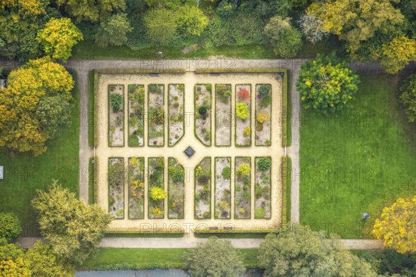Aerial view, castle park with herb garden at Moyland Castle, Herbstwald, Moyland, Bedburg-Hau,