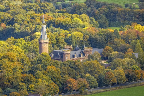 Aerial view, Moyland Castle Museum, neo-Gothic moated castle and castle park surrounded by meadows