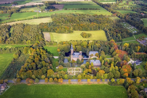 Aerial view, Moyland Castle Museum, neo-Gothic moated castle and castle park with herb garden