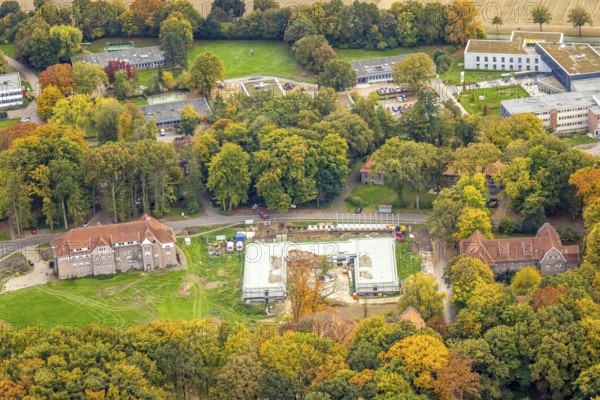 Aerial view, LVR-Klinikgebäude Südlicher Rundweg construction site, autumn trees, Hau, Bedburg-Hau,