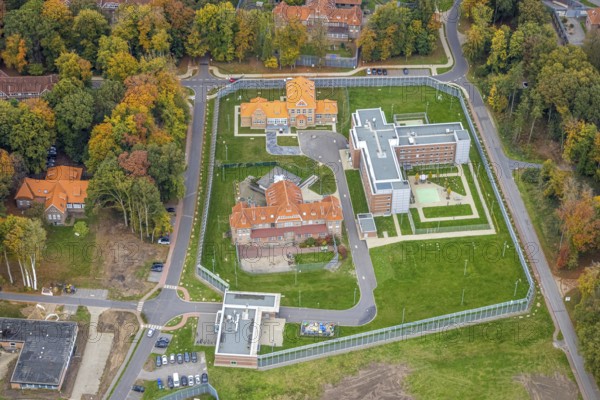 Aerial view, LVR-Klinik Bedburg-Hau, LVR-Klinik, new woman's forensics clinic building,