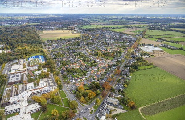 Aerial view, residential area view, Kleve vocational college and blue basketball court, Gocher
