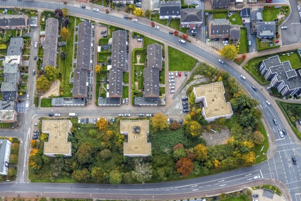 Aerial view, row house apartment houses Duvelskamp, between Westring and Mühlenstraße, autumn
