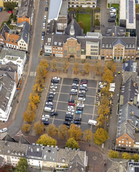 Aerial view, evangelical church Goch and town hall, market square car park surrounded by yellow