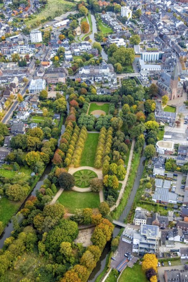 Aerial view, municipal park and autumn trees on the river Niers, tree-lined avenue and circular