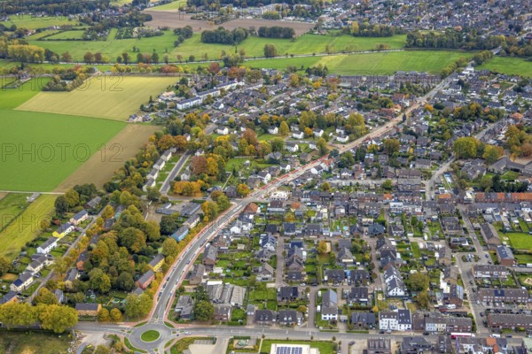 Aerial view, construction site and renovation Ostring with cycle path, residential area, Goch,