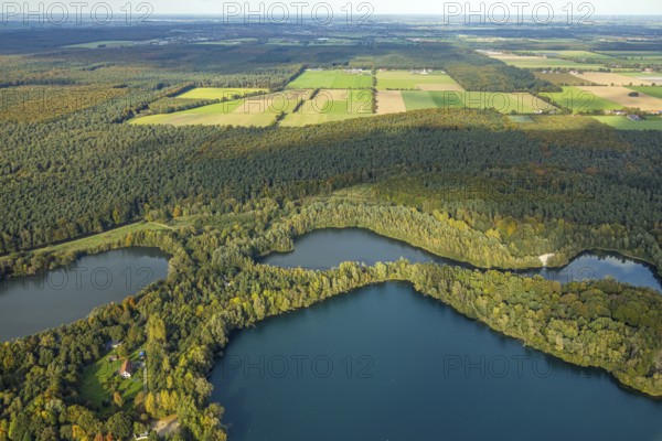 Aerial view, kidney salt arms and mill ponds LSG landscape protection area, forest area and lake,