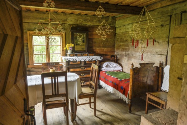 Bed, living room, table, wooden house, fisherman's house, Latvian Ethnographic Open-Air Museum,