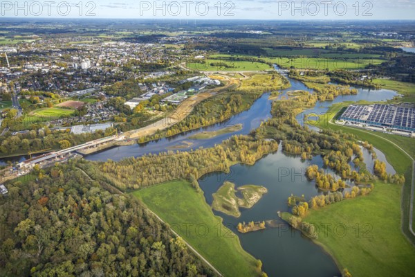 Aerial view, Lippe estuary, construction site and new Lippe bridge building and extension with