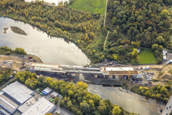 Aerial view, Lippe bridge construction site, new bridge over the river Lippe to connect to the