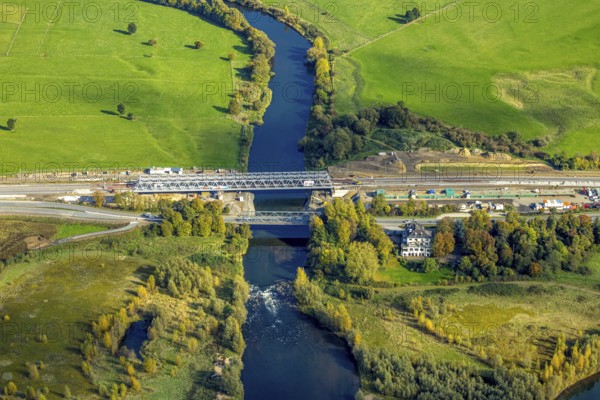 Aerial view, railway bridge and road bridge B8 at Lippeschlößchen across the river Lippe,