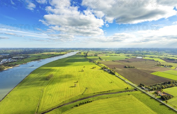 Aerial view, Rhine river with dyke foothills near Grieth LSG landscape protection area, Rheinaue