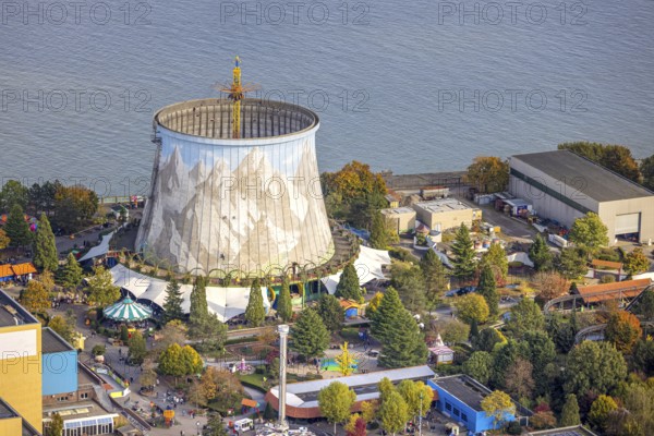 Aerial view, Kalkar Wonderland amusement park on the river Rhine, family park with events such as