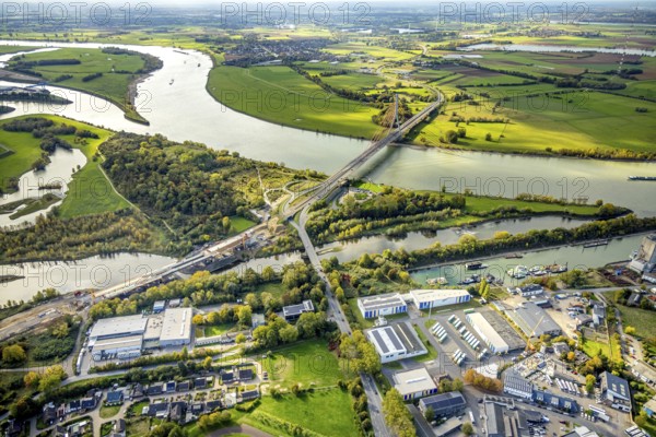Aerial view, Lippe bridge construction site, new bridge over the river Lippe for connection to the