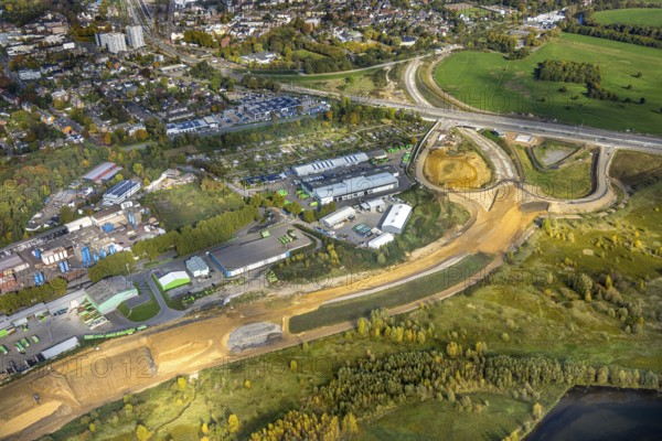 Aerial view, lip mouth area, construction site and new building extension and feeder Bundesstraße