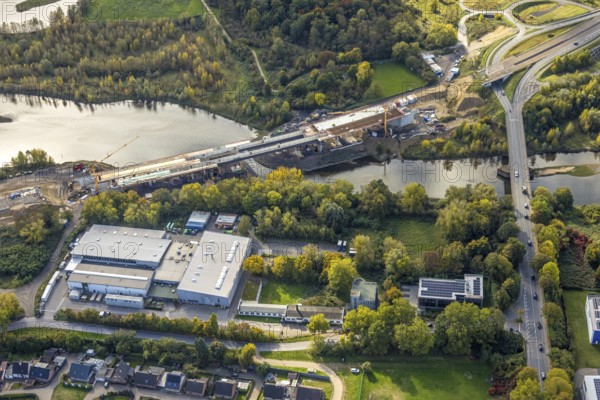 Aerial view, Lippe bridge construction site, new bridge over the river Lippe for connection to the
