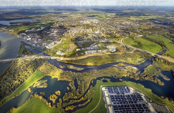 Aerial view, lip mouth area general view construction site, town view Wesel, Wesel, Lower Rhine,