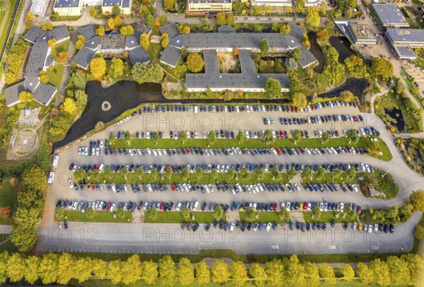 Aerial view, parking lot at Kalkar Wonderland amusement park, shapes and colors, Hönnepel, Kalkar,