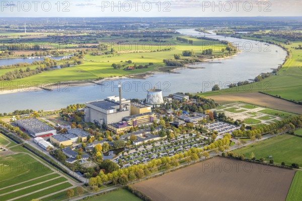 Aerial view, Kalkar Wonderland amusement park on the Rhine river with Rheinaue, Energy Factory,
