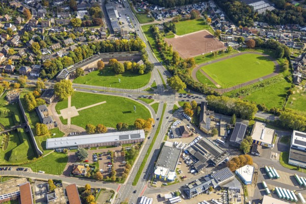 Aerial view, LVR-Niederrheinmuseum Wesel, Wesel citadel, old wall with preserved fortress, road