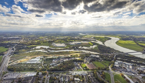 Aerial view, Lippe estuary with construction site, Lippe river and NSG nature reserve, Büdericher
