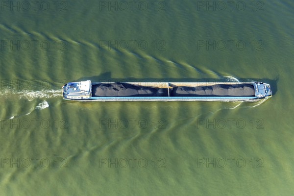 Aerial view, Rhine river with inland navigation on Gravinsel, coal ship, Bislich, Wesel, Lower