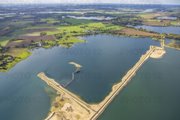 Aerial view, Diersfordter forest lake, dredging lake with gravel mining, Bislich, Wesel, Lower