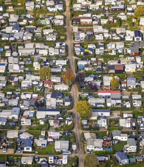Aerial view, Grav-Insel Campground on the Grav Rhine Peninsula, shapes and colors, Flürener Feld,