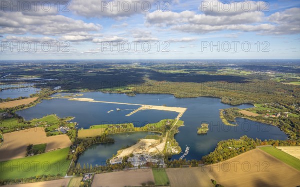 Aerial view, Diersfordter forest lake, dredging lake with gravel mining, blue sky with clouds,