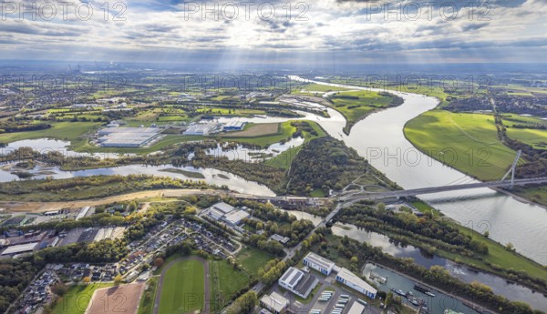 Aerial view, Lippe estuary with construction site, Lippe river and NSG nature reserve, Büdericher