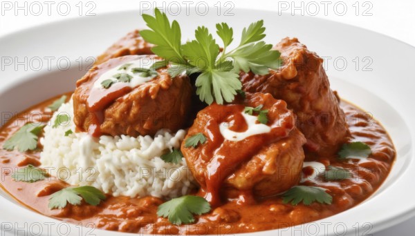 This flavorful Indian dish features tender chicken in a creamy tomato sauce, served with fluffy