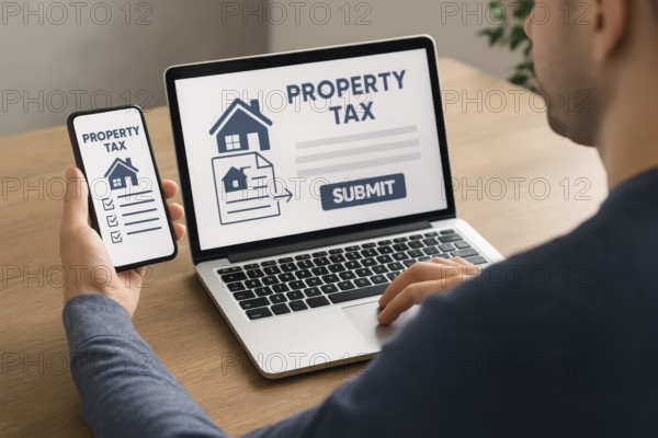 A person is shown using a laptop and smartphone to file and submit their property tax information