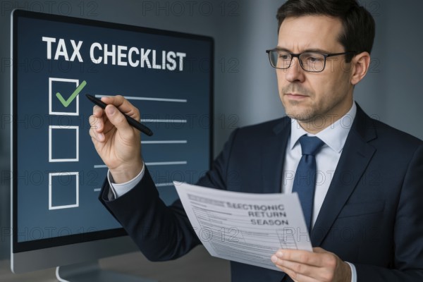 A professional man in a suit reviews a tax checklist, preparing for electronic tax returns, AI