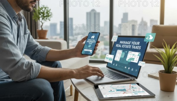 A person is shown using a laptop, tablet, and smartphone to manage their property taxes online, AI