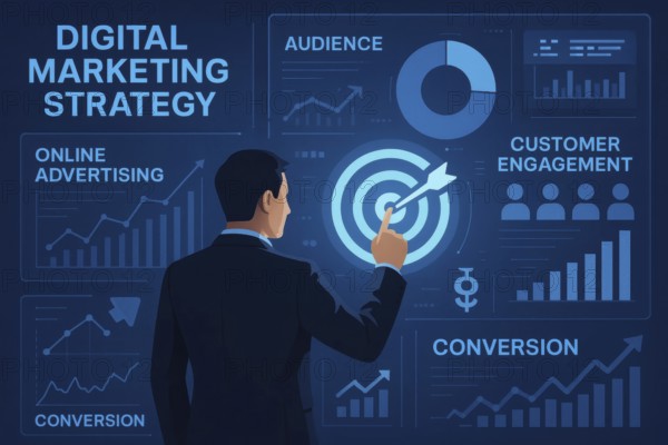 A businessman is shown pointing at a target, representing digital marketing strategy and business