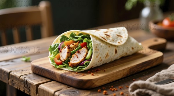This appetizing wrap features grilled chicken, crisp lettuce, tomatoes, and other fresh