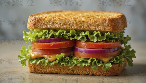This appetizing sandwich features layers of fresh lettuce, tomato, and red onion, making it a