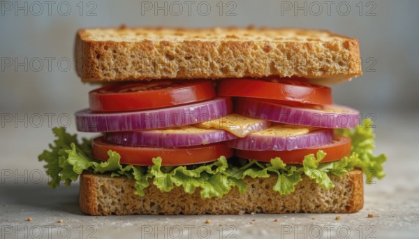This appetizing sandwich features layers of tomatoes, red onion, lettuce, and cheese between slices