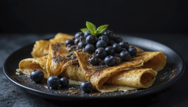 These golden crepes are topped with juicy blueberries and a sprig of mint, perfect for a delightful