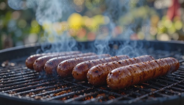 Sizzling sausages cook over hot coals on a backyard grill, perfect for a summer cookout or