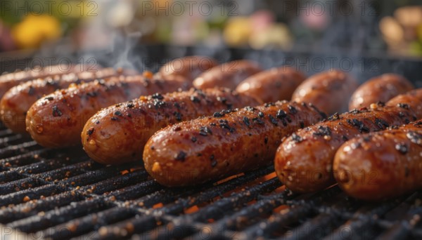 Smoked sausages sizzle on a hot grill, perfect for a backyard barbecue or a summer feast, AI